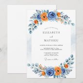 Invitation Blue Orange Romantic Bloom Wedding (Devant / Derrière)