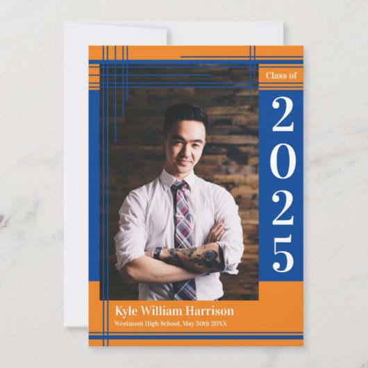 Invitation Blue Orange School Color Graduation Photo plaid (Devant)