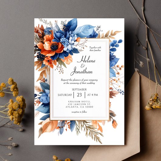 Invitation Blue Orange Terracotta Floral Boho Elegant Wedding