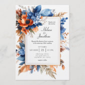 Invitation Blue Orange Terracotta Floral Boho Elegant Wedding (Devant)