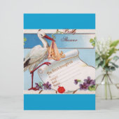 INVITATION BLUE OUBLIE-MOI NOTES, STORK BABY SHOWER MONOGRAM (Debout devant)