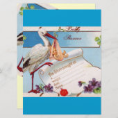 INVITATION BLUE OUBLIE-MOI NOTES, STORK BABY SHOWER MONOGRAM (Devant / Derrière)