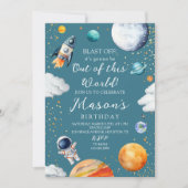 Invitation Blue Out of This World Rocket & Astronaut Kids  (Devant)