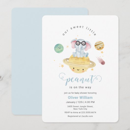 Invitation Blue Outer Space Elephant Baby Shower (Devant / Derrière)