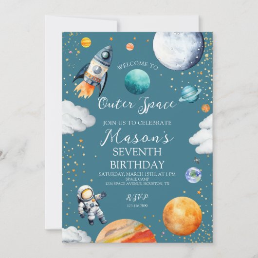 Invitation Blue Outer Space Rocket & Astronaut Kids Birthday (Devant)