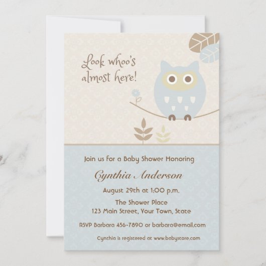 Invitation Blue Owl, Baby shower pour garçon (Devant)