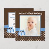 Invitation Blue Owl Brown Polka Dot 1er Birthday Boy Photo (Devant / Derrière)