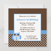 Invitation Blue Owl Brown Polka Dot 1er Birthday Boy Photo (Dos)