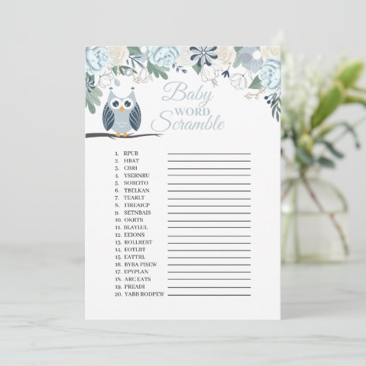 Invitation Blue Owl Floral Baby Word Scramble Game Card (Debout devant)