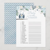 Invitation Blue Owl Floral Baby Word Scramble Game Card (Devant / Derrière)