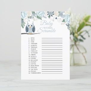 Invitation Blue Owl Floral Baby Word Scramble Game Card