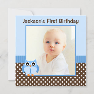 Invitation Blue Owl Pois Brown 1er Birthday Boy Photo