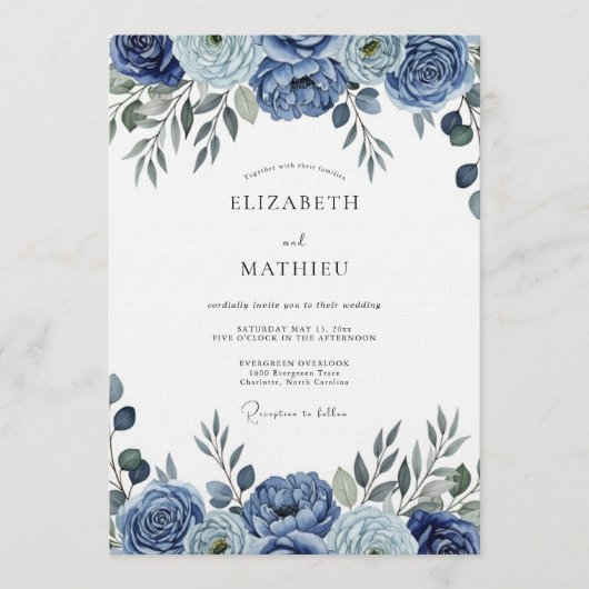 Invitation Blue Painterly Floral Wedding (Devant)