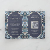 Invitation Blue Paisley Motif QR Code Mariage indien (Intérieur)