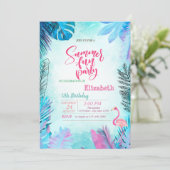Invitation Blue Palm Feuille Flamant rose rose été Anniversai (Debout devant)