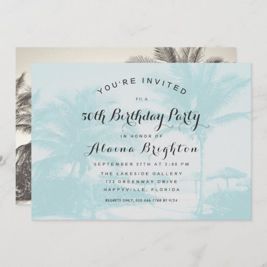 Invitation Blue Palm Trees Custom Anniversaire Fête Invitatio (Devant / Derrière)
