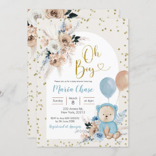 Invitation Blue Pampas Grass Boho Ours Baby shower garçon