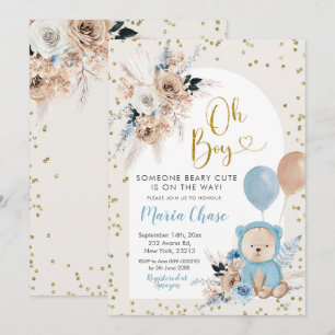 Invitation Blue Pampas Herbe Boho Ours Garçon Baby shower Inv