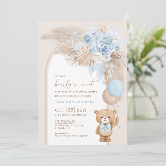 Invitation Blue Pampas Teddy Bear Balloon Baby shower garçon (Debout devant)