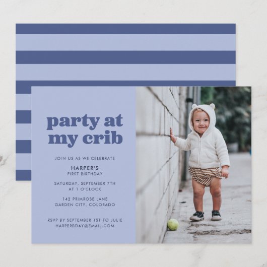 Invitation Blue Party à My Crib 1er anniversaire (Devant / Derrière)