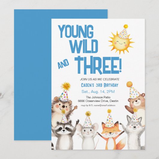 Invitation Blue Party Forest Animaux Casquettes 3e anniversai (Devant / Derrière)