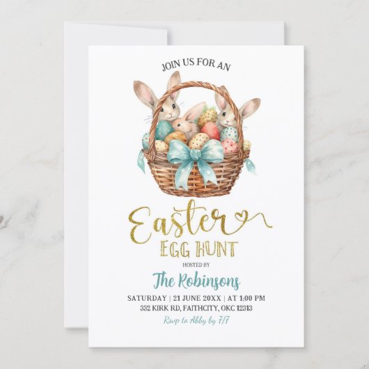 Invitation Blue Pastel Bow Bunny Basket Easter Egg Hunt Party (Devant)