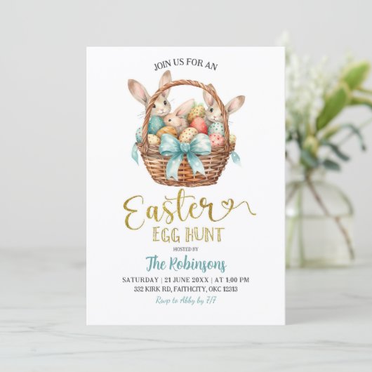 Invitation Blue Pastel Bow Bunny Basket Easter Egg Hunt Party (Debout devant)