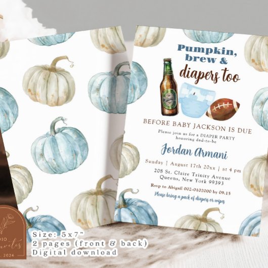Invitation Blue Pastel Boy Citrouille Brew and Diapers