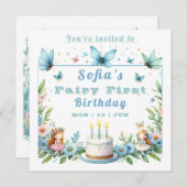 Invitation Blue Pastel Butterfly Fairy First Birday - (Devant / Derrière)