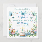 Invitation Blue Pastel Butterfly Fairy First Birday - (Devant)