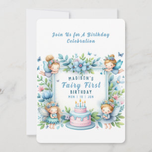 Invitation Blue Pastel Floral Fairy First Birday -