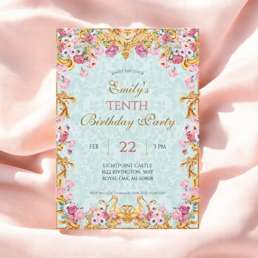 Invitation Blue Pastel Gold Dixième Rococo baroque Anniversai