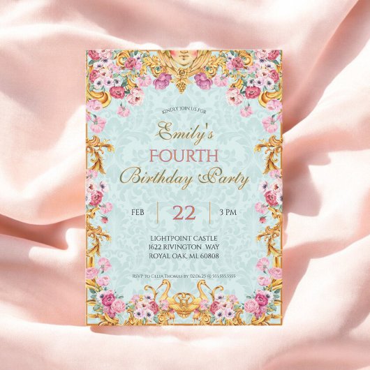 Invitation Blue Pastel Gold Quatrième Rococo baroque Annivers