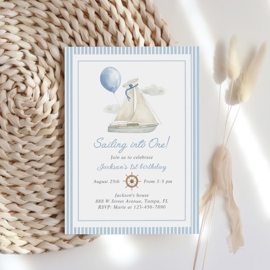 Invitation Blue Pastel Nautical Sail Bateau 1er Anniversaire