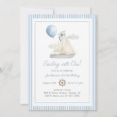 Invitation Blue Pastel Nautical Sail Bateau 1er Anniversaire (Devant)