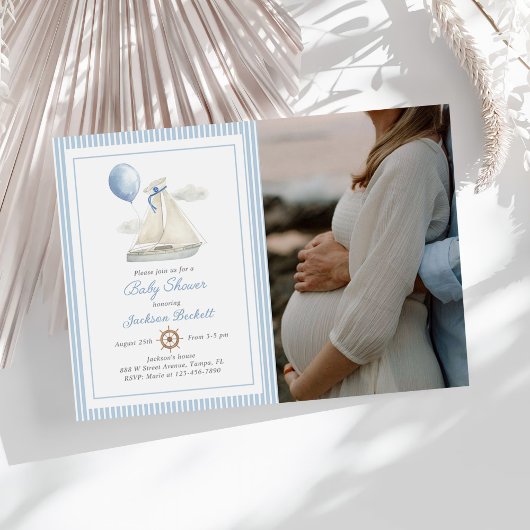 Invitation Blue Pastel Nautical Voilier Baby shower Photo