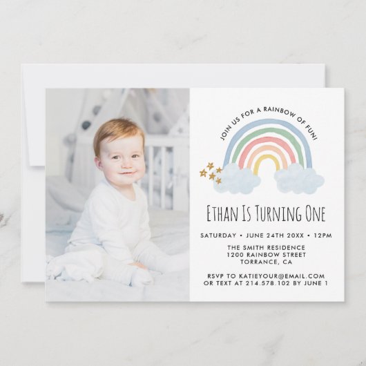 Invitation Blue Pastel Rainbow of Fun 1er Anniversaire Photo (Devant)