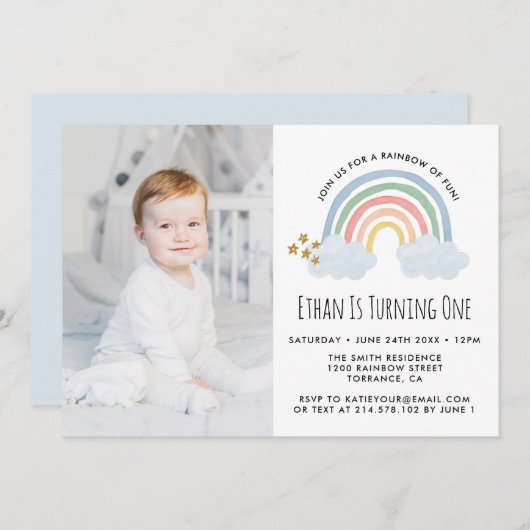 Invitation Blue Pastel Rainbow of Fun 1er Anniversaire Photo (Devant / Derrière)