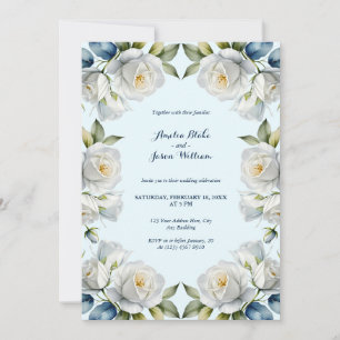Invitation Blue Pastel White Rose Floral Mariage frontière