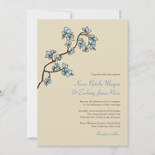 Invitation Blue Peach Blossoms Sakura Asiatique Mariage Invit (Devant)