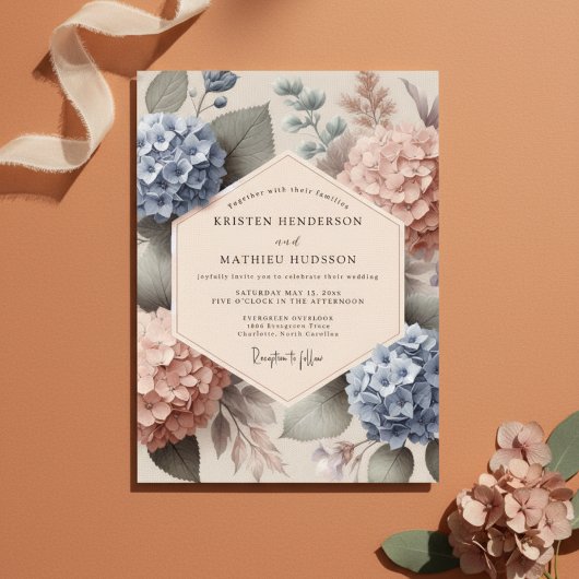 Invitation Blue Peach Hydrangea Botanical Wedding