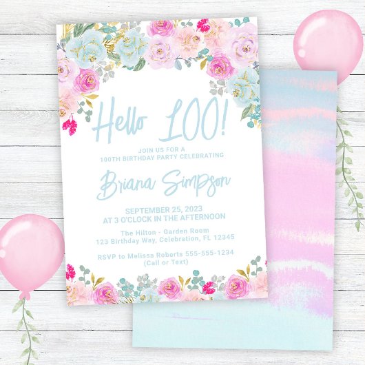 Invitation Blue Peach Purple Floral 100e fête d'anniversaire