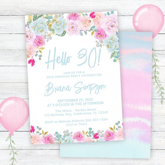 Invitation Blue Peach Purple Floral 30e fête d'anniversaire