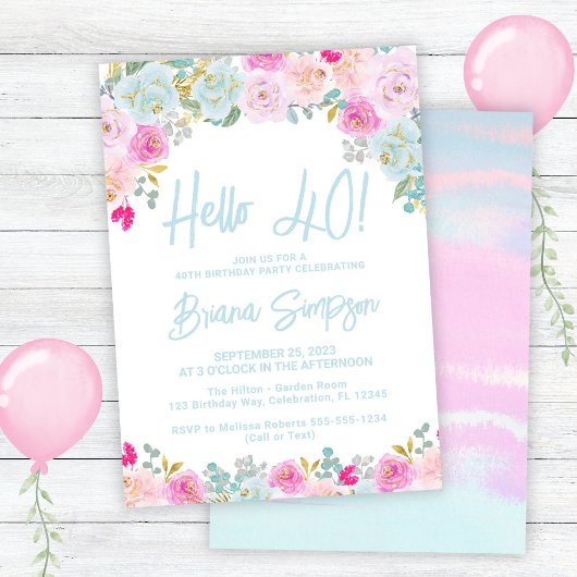 Invitation Blue Peach Purple Floral 40e fête d'anniversaire