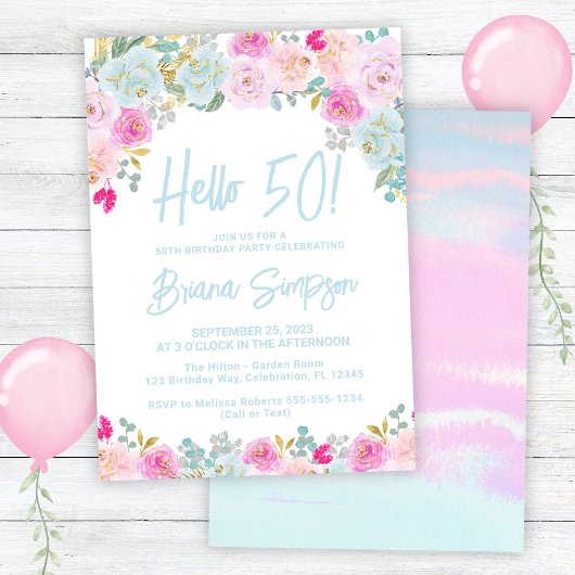Invitation Blue Peach Purple Floral 50e fête d'anniversaire