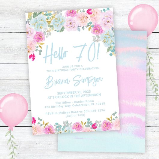 Invitation Blue Peach Purple Floral 70e fête d'anniversaire