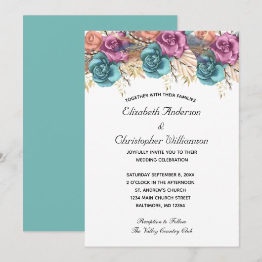 Invitation Blue Peach Rose Floral Formal Elégant Mariage (Devant / Derrière)
