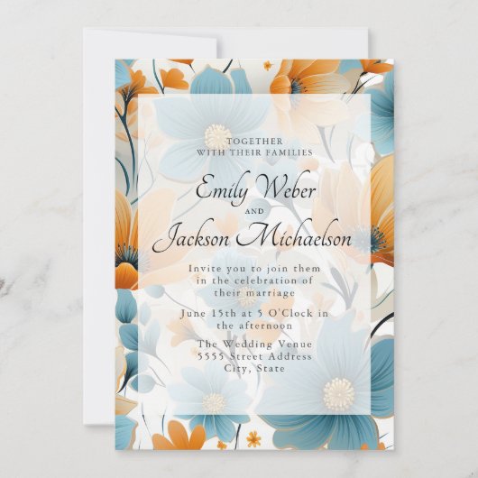 Invitation Blue Peach Watercolor Mariage floral (Devant)
