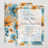 Invitation Blue Peach Watercolor Mariage floral (Devant / Derrière)