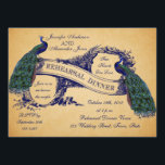 Invitation Blue Peacocks Dîner de répétition Vintage Invitati<br><div class="desc">Dîner de répétition vintage Peacocks Invitations. Ces magnifiques dîners de répétition Invitations sont parfaits pour un thème de mariage vintage. Ce design unique avec Two Beautiful Peacocks sur bannière Vintage et texte dans une police bleu foncé sur un ancien arrière - plan effet papier, créent une invitation unique et élégante....</div>